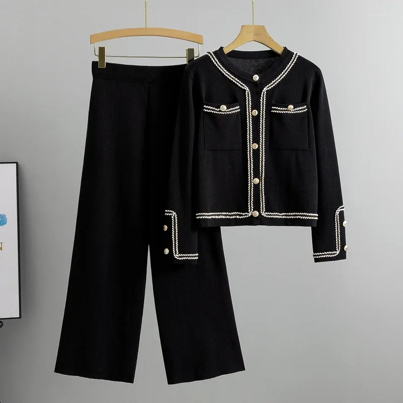 Kvinnors tvådelar byxor vårens höstdräkt 2024 mode stickad cardigan casual 2 koreanska eleganta byxor matchande set