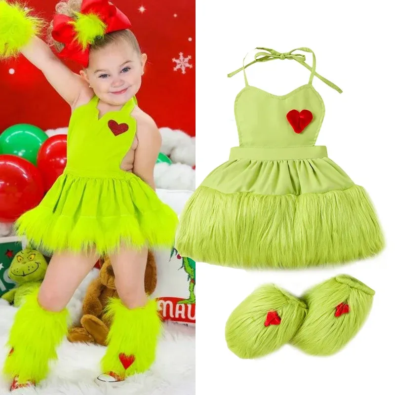 Sets 20230708 Lioraitiin 024M Infant Baby Girl 2Pcs Christmas Outfit Sleeveless Halter Dress Leg Warmers Set Green Monster Costume