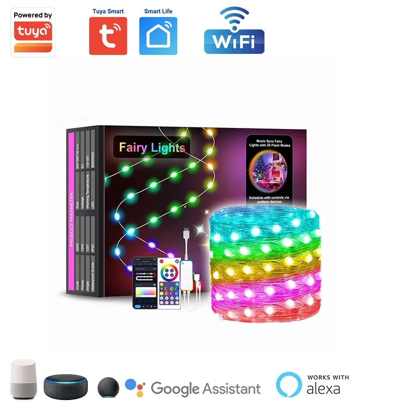 Полосы Tuya Wi -Fi Fairy Light Strip Outdoor RGB Garland Fastoon светодиодные светильники вечеринка сад свадебный декор работы с Alexa Google Home