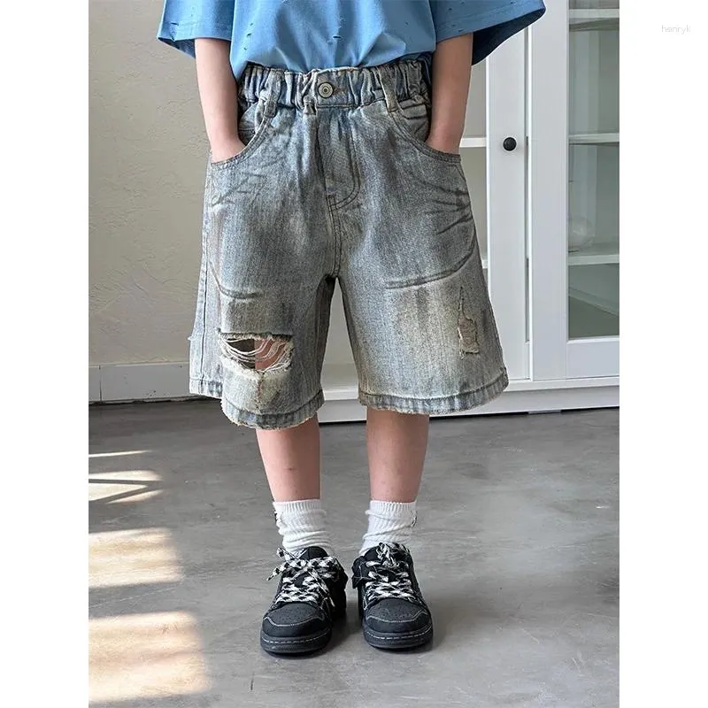 Trousers 2024 Summer Korean Children Cowboy Boys And Girls Vintage Hole Straight Quarter Pants Tide Fashion Cool Casual Active Cute