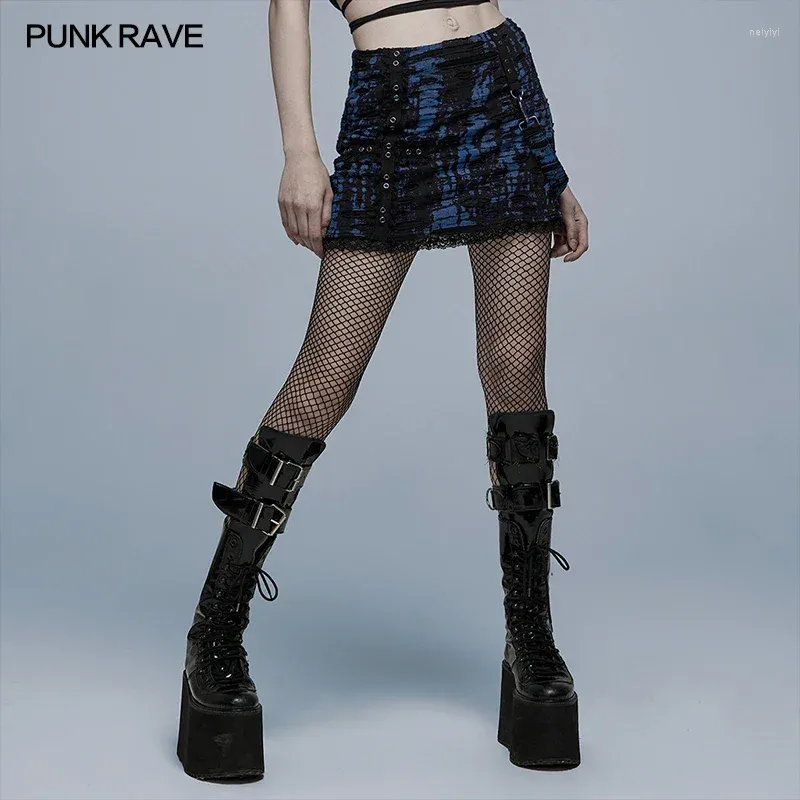 Saias punk rave rave gótico decadente de malha de malha buracos quebrados saia moda de moda sexy mini preto azul