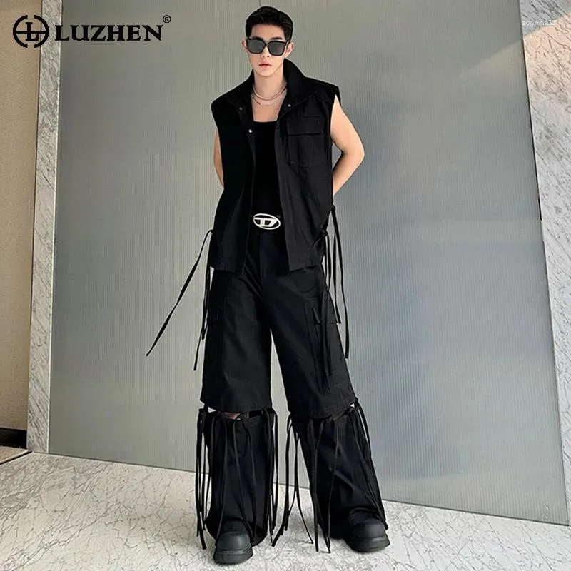 Heren tracksuits luzhen mode tassel ontwerp mouwloze vestjack los rechte broek 2024 stijlvolle high street originele tweedelige sets