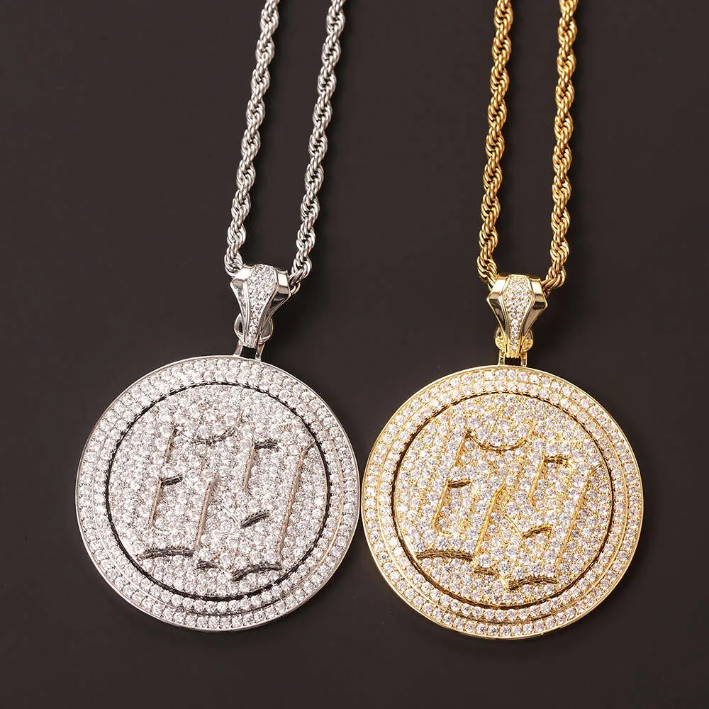 Instagram Hip Hop Numéro 69 Collier pendentif à disque double couche rotatif plein de bijoux en zircon