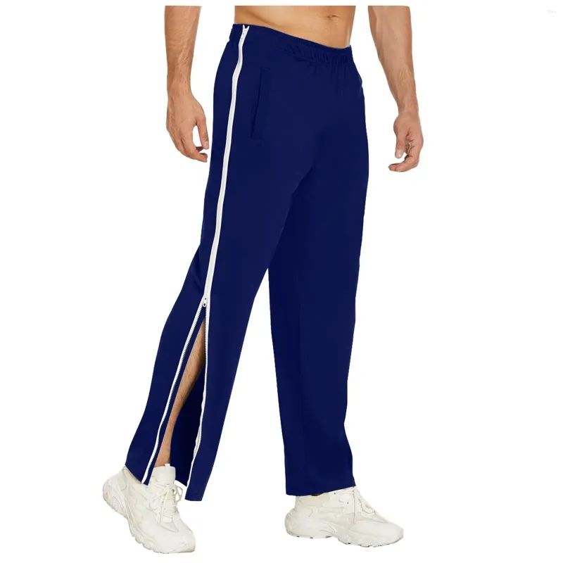 Calça masculina masculino quatro estações zíper completo calças de moletom cortando rasgando a roupa esportiva solta casual com bolsos simples l