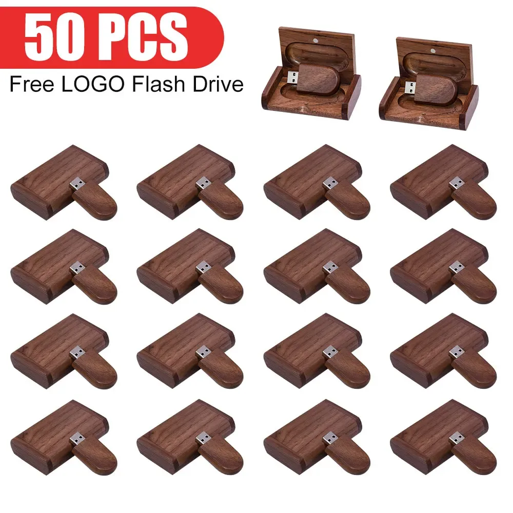 Drives en vrac 50pcs Logo personnalisé gratuit en bois + boîte à enclos Drive 128 Go 64 Go 16 Go 32 Go 8 Go 4 Go USB Drive Flash U Mémoire de mémoire Disk Gift Wedding