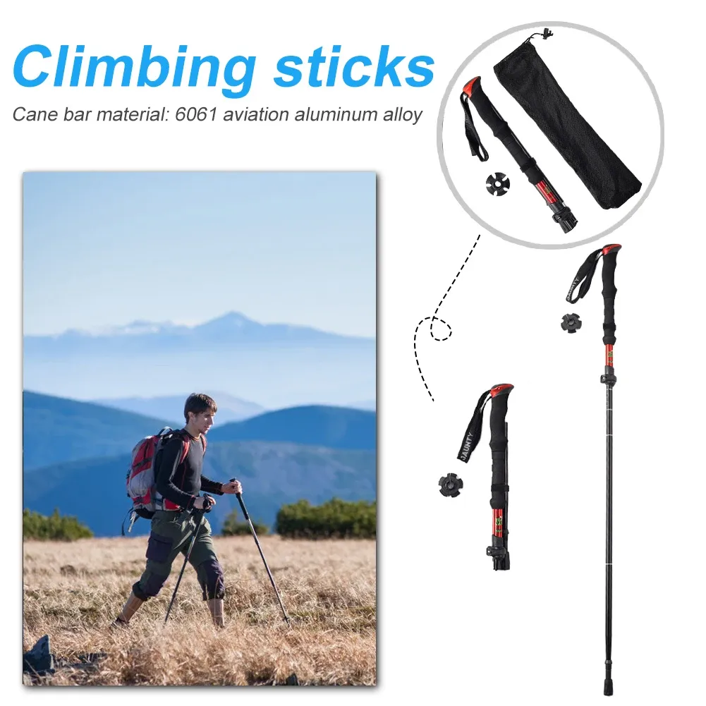 Sticks 4Section Collapsible vandringsstång Lätt aluminium Walking Stick med utökade EVA -grepp för campingklättringsskidåkning