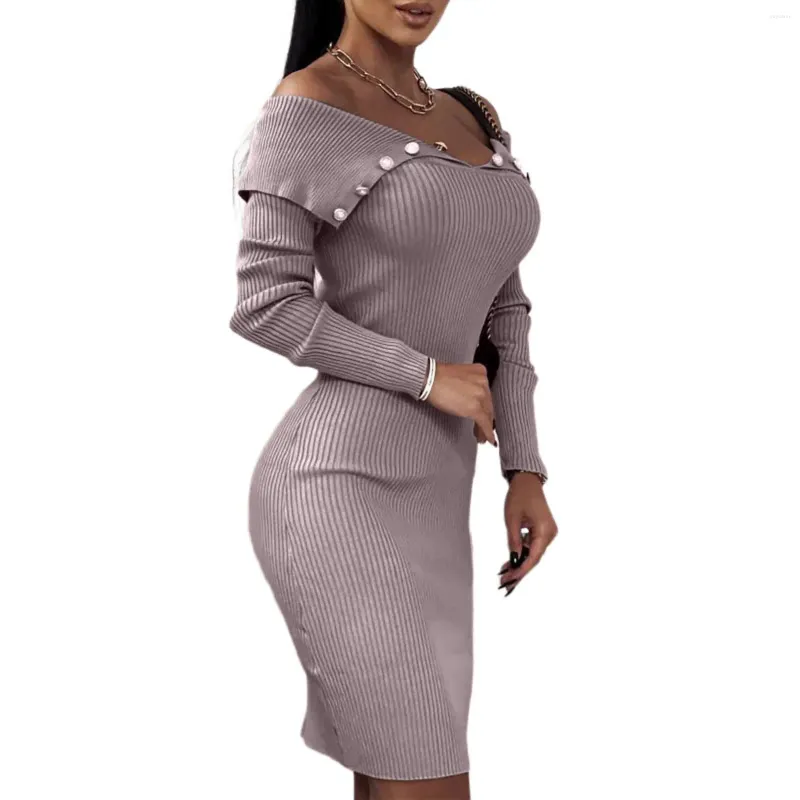 Casual Dresses Solid Knit Wedding Party Bridesmaid Pearl V Neck Cold Shoulder Dress Long Sleeve Slim Pullover Mini