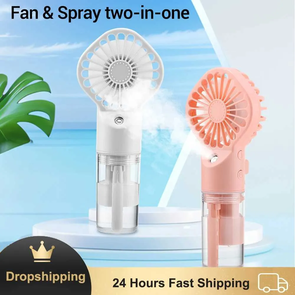 Andra apparater Portable Handheld Atomizer Fan 2 i 1 Water Spray Mini Fan Air Cooler för utomhus campingrumskylverktyg Få fuktgivande utrustning J240423