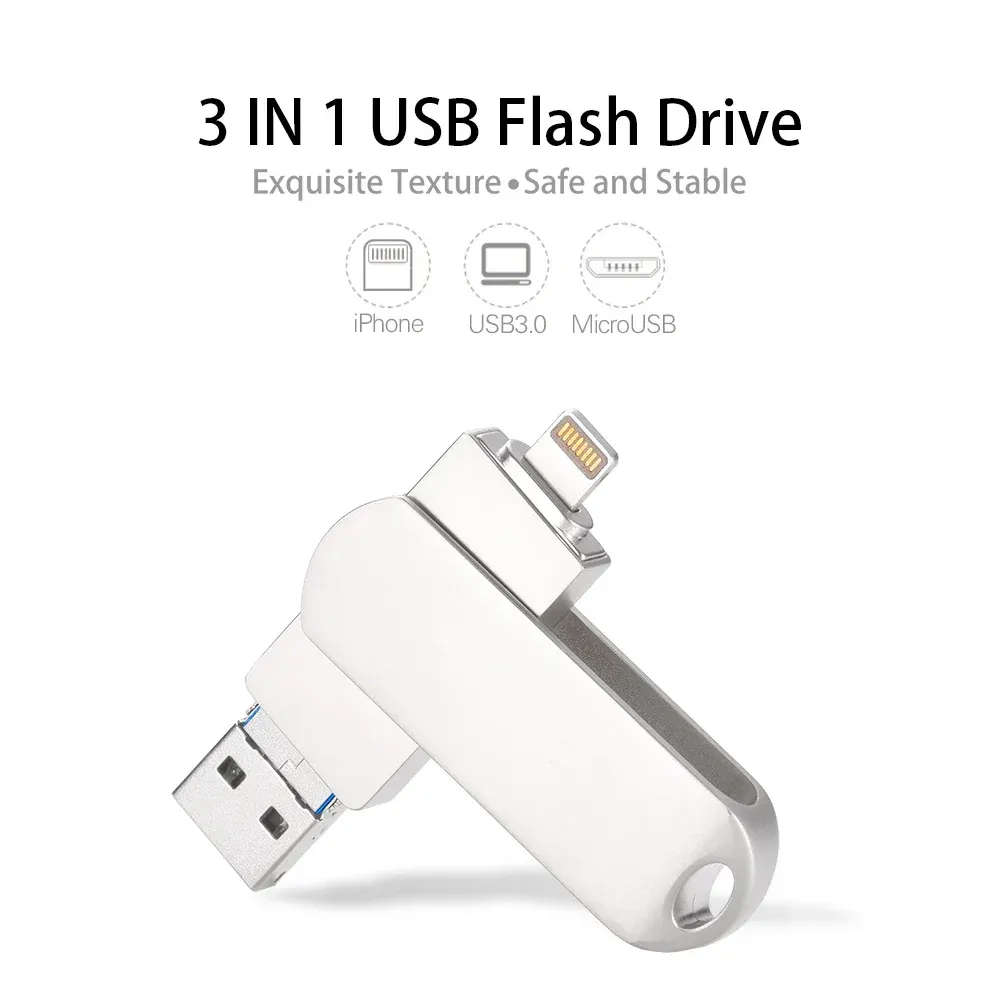 Drives Jaster iPhone Lightning Pen Drive OTG USB 3.0 Flash Drive för iPad Android 32 GB 64 GB 128 GB 256 GB Pendrive 3 i 1 Memory Stick