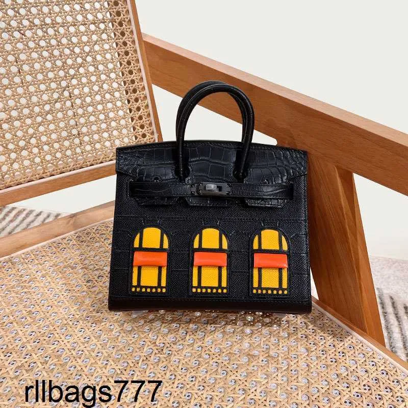 Real House Bag Platinum Handbag Womens Top Layer Cowhide Crocodile Pattern Contrast Color Casual Handmade Genuine Leather