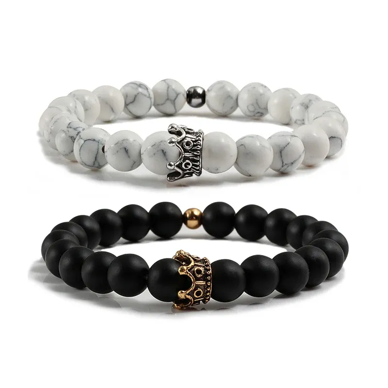 Brands charme des bracelets de perles de bijoux en pierre naturelle Couple Bracelet de couronne noire Hommes avec des perles de cuivre bracelet Femmes Pulsera Dorada