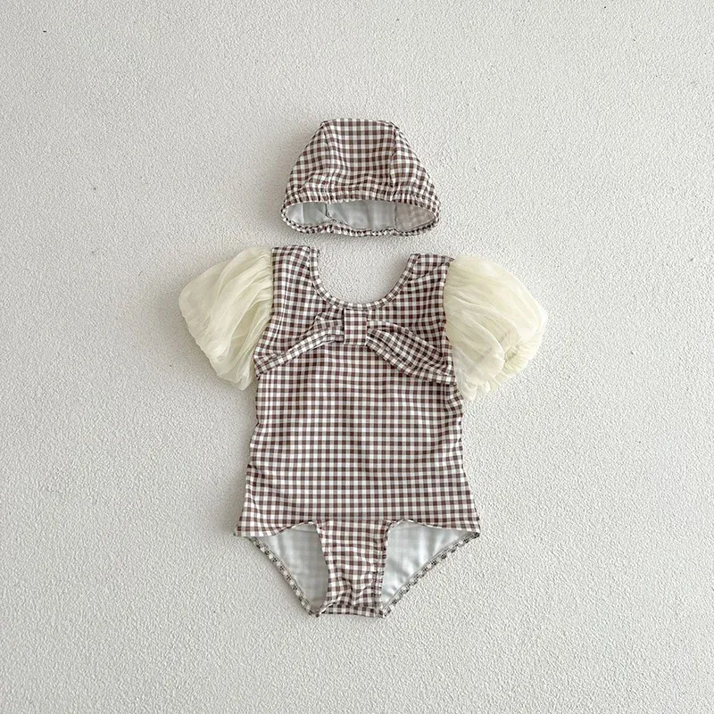 Milancel de roupas de banho de verão New Girls Swimming Wear Plaid Skinny Beach One peça Manga de renda Baby Swimming Suit