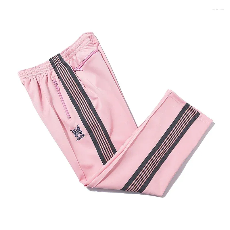 Men's Pants NEEDLES Arrival Pink Sweatpants Black Butterfly Embroidery Webbing Track Stripe Trousers Zipper Men Women Oversize Casual