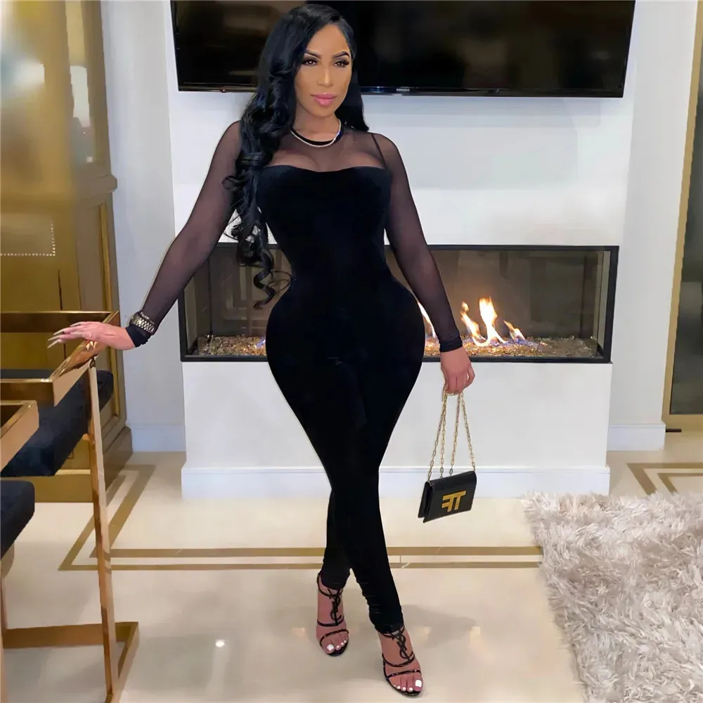 Sexy Transparent Mesh Patchwork Work Velvet Jumpsuit From