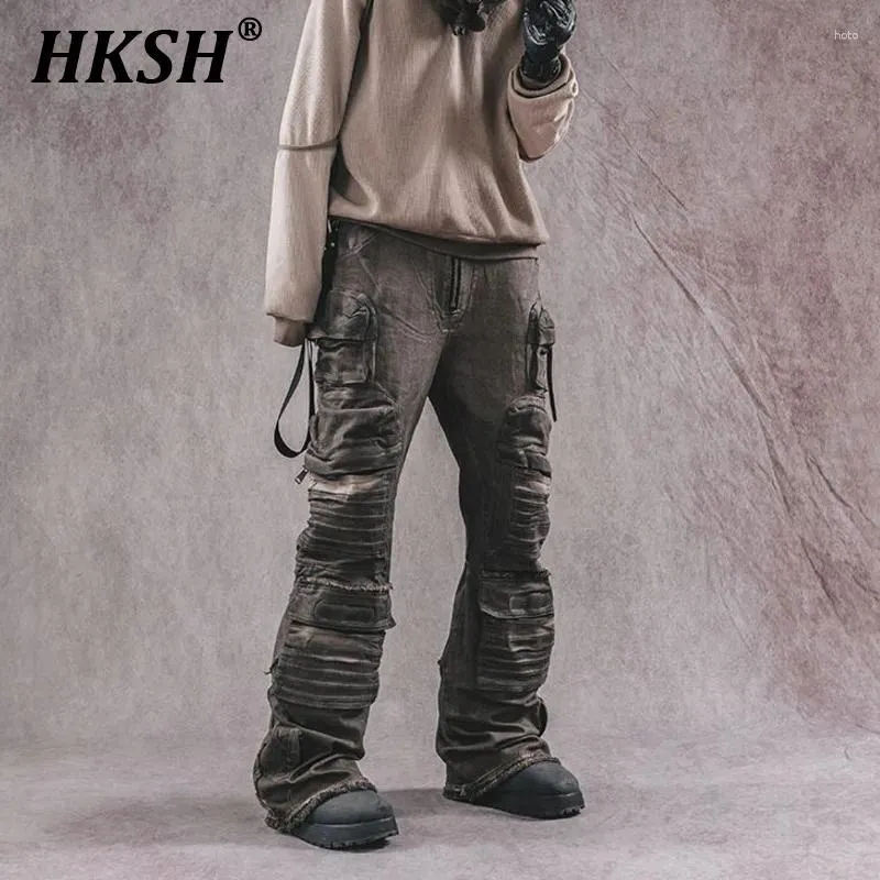 Herrbyxor HKSH Punk Heavy Industry 3D Patchwork Pockets Layered Retro Overalls Tvätt breda ben Flared Waste Land HK0811