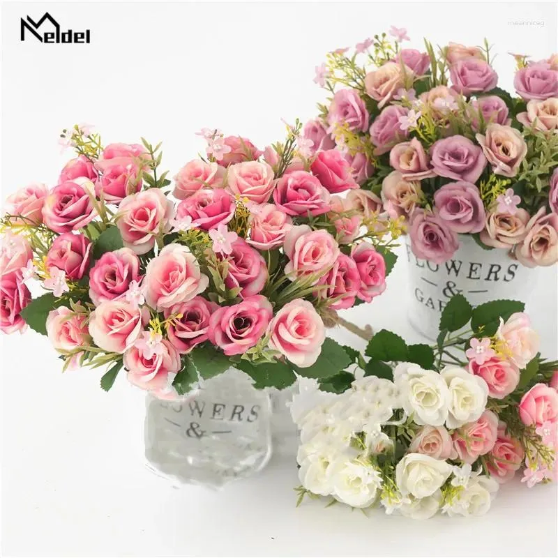 Decorative Flowers 5 Branches Artificial Rose Silk Small Fake Flower Bridal Bouquet Wedding Home Living Room Decor Faux Flore