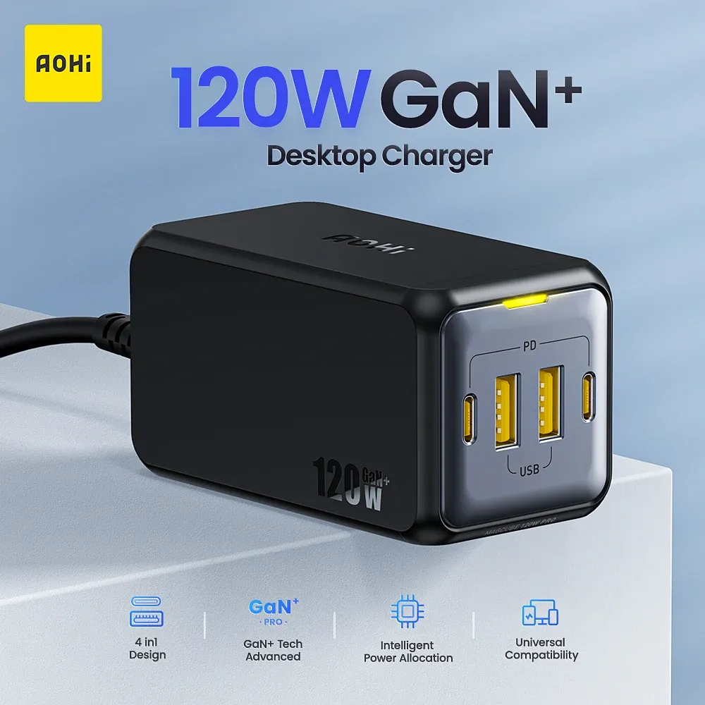 充電器AOHI GAN充電器120W 65WタイプC充電器4IN1デスクトップUSB充電ステーションUSB C USB IPHONE 13 Proラップトップタブレットの出力