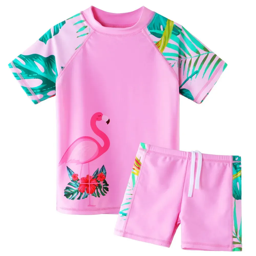 BAOHULU barn flamingo tryck baddräkt Två stycken Tankini UPF 50 UV Skyddande badkläder Barn Vattentid Sport Rash Guard 240416