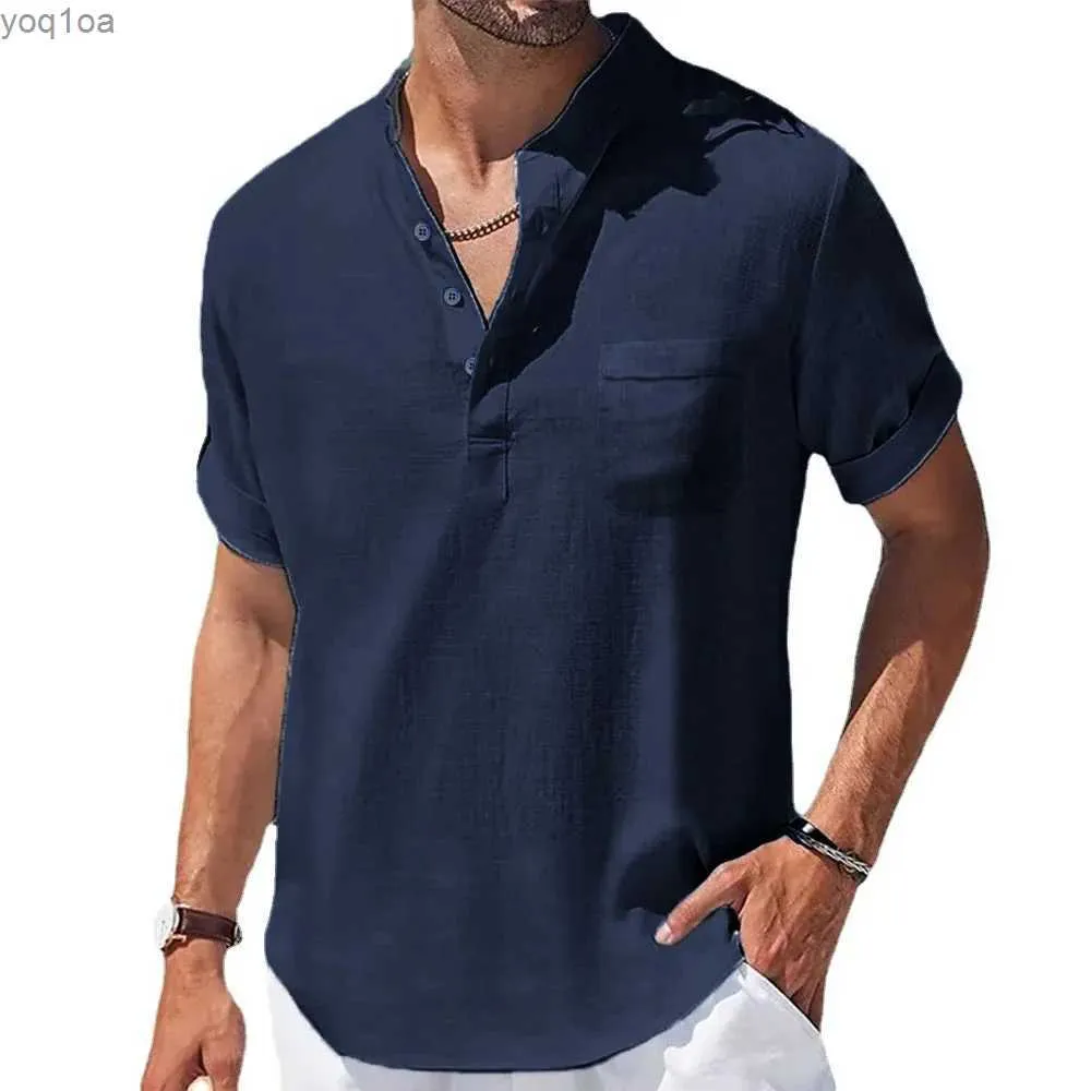 T-shirts masculins Summer New Mens Cotton and Linen Shirts T-shirt à manches courtes Henry Collar Mas Casual Mens T-shirts