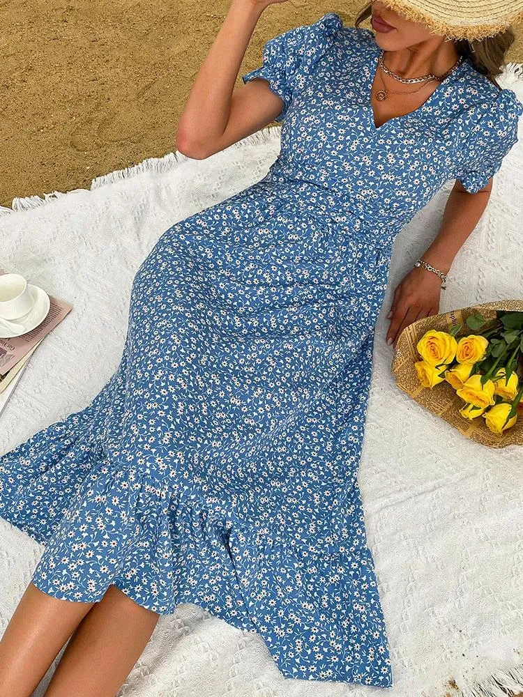 Sukienki imprezowe eleganckie damskie krótkie puff rękawa boho kwiatowy nadruk v dekolt gorset niebieski swobodny damski damski letnia plaża mody