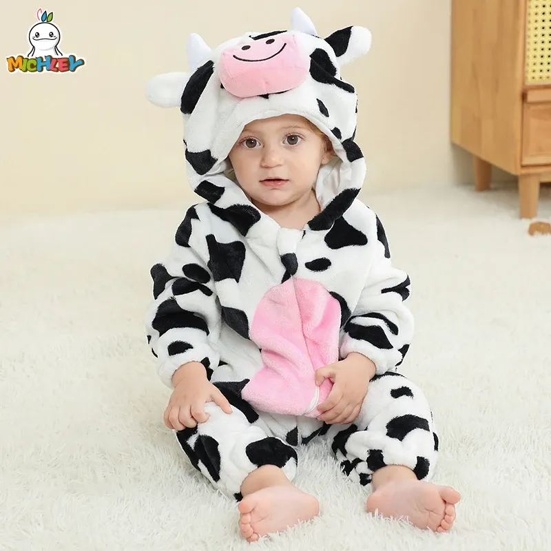 One-Pieces Michley Halloween süße Kuh Flanell Baby Rompers Winterkleidung Kostüm Kapuzekörper Pyjamas Tiere Overall für Mädchen Junge