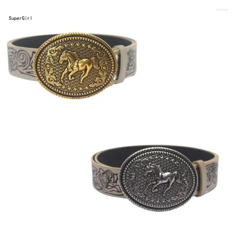 Gordels Western Cowboy PU Horse Patroon Buckle Taille Belt Bloemen gegraveerde reliëf met faux lederen tailleband voor damesjeans