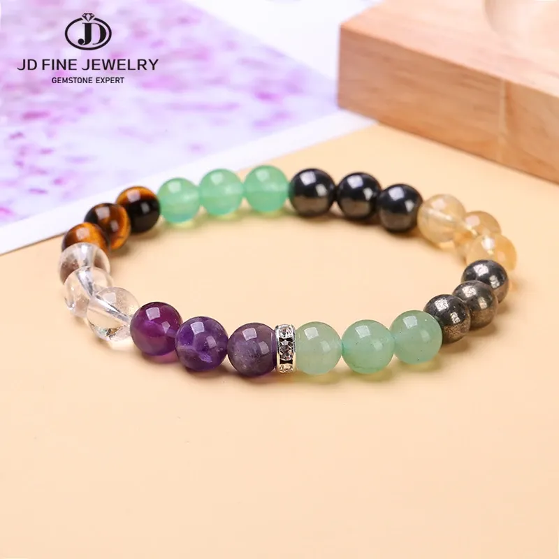 STRANDS JD NATUURLIJKE STEEN AMETHSTAL WIT CRYSTAL Tiger Eye Hematiet Bead Strand Bracelet Vrouwen Reiki Healing Elastic Bangles Yoga sieraden