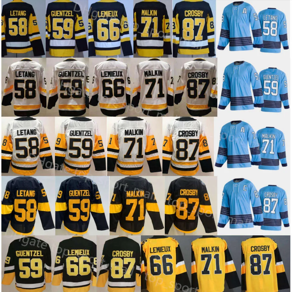 KOB Team Classics Heritage Hockey Jersey 58 KRIS LETANG 59 Jake Guentzel Evgeni Malkin Stadium Series Alternate Black Men reverso Retro Blu