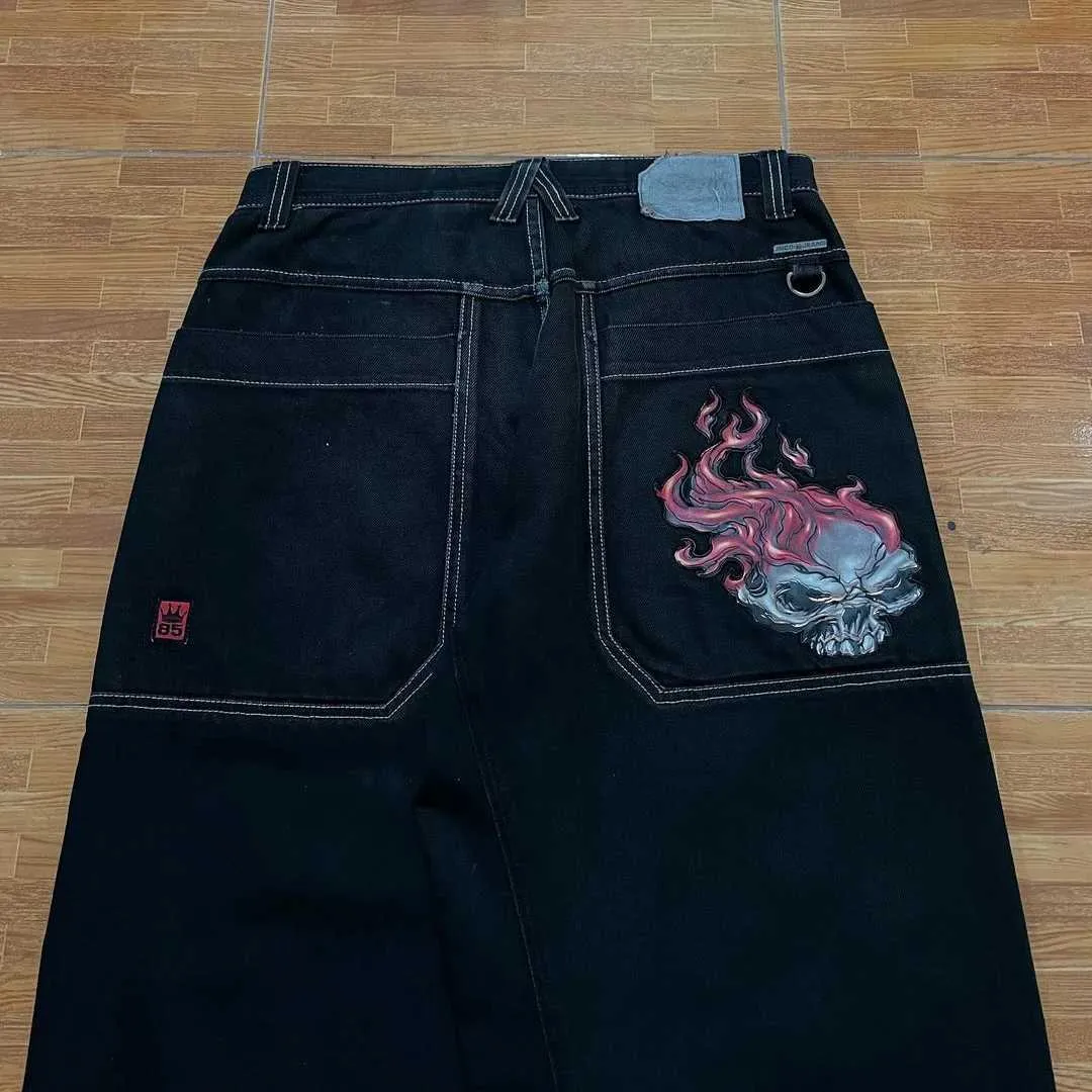 Męskie dżinsy Jnco luźne wysokiej talii czarne dżinsy męskie 2024 Nowy amerykański wzór czaszki Y2K hip-hopowe szerokie nogi spodnie vintage harajuku dżinsy unisex 240423