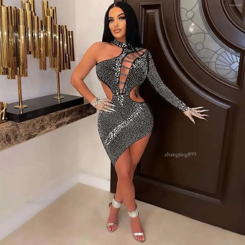 Casual Dresses for Women - Diamond Rhinestone Hollow Mesh Long Sleeve  Pencil Dress - Sexy Round Neck Party Fashion