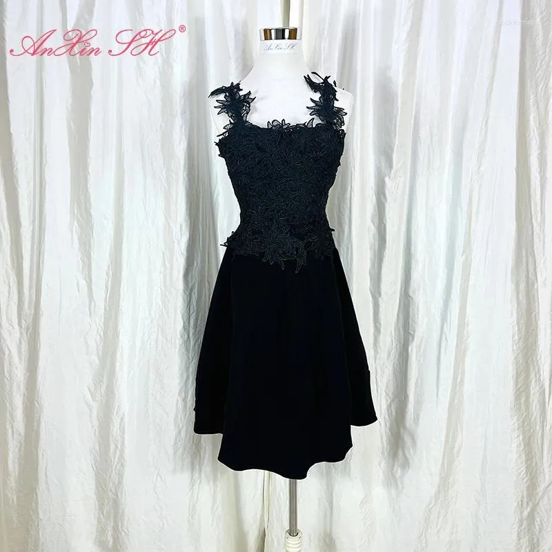 Party Dresses AnXin SH Black Flower Lace Short Evening Dress Vintage Sweetheart Zipper Sleeveless Little