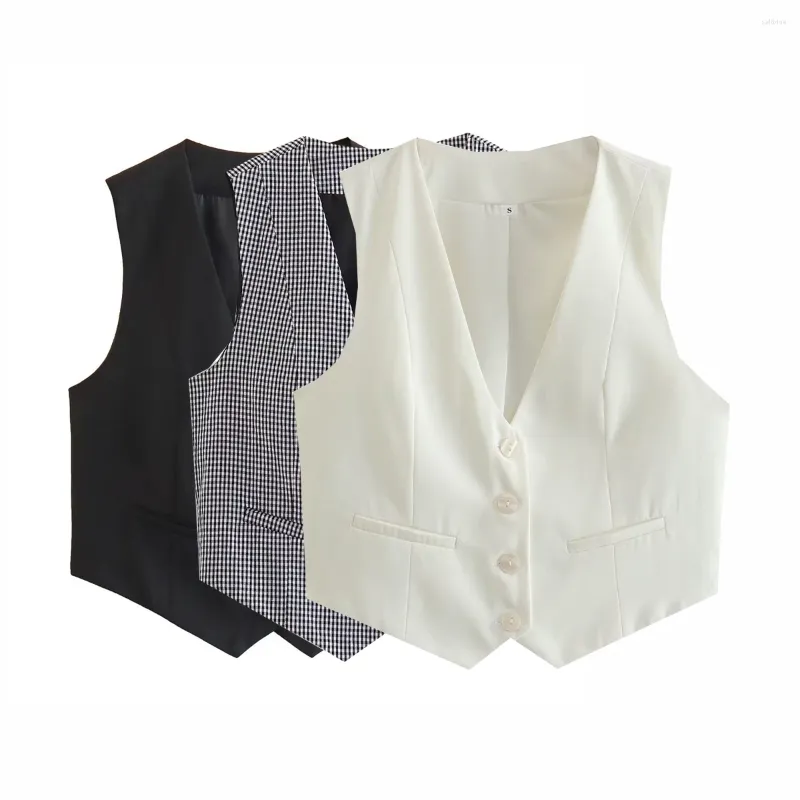 Women's Vests Elegant Cropped Vest Women Waistcoat Fashion Front Buttons Tops Vintage V Neck Sleeveless Female Outerwear White Chic Jacket