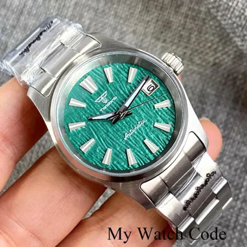 Watches Tandorio Vintage Green 36mm Field Military Watch Diver NH35 Mechanical Selfwinding Wristwatch Sapphire Glass Silver Edge Hand