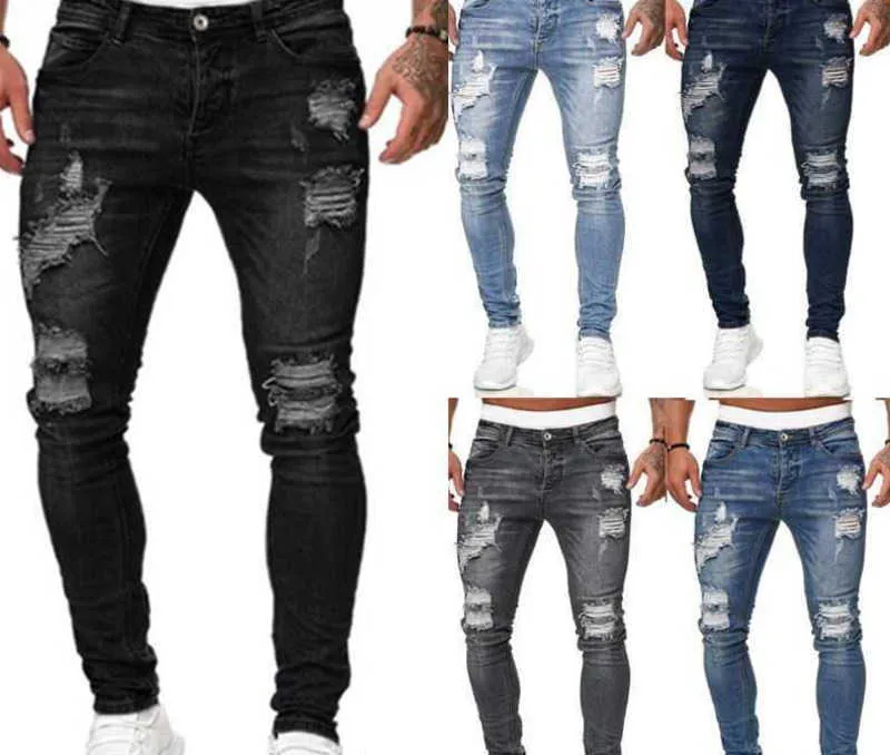 Fashion Street Style rippade magra jeans män vintage tvättar solid denim byxor herr casual smal fit blyerts denim byxor 230824.
