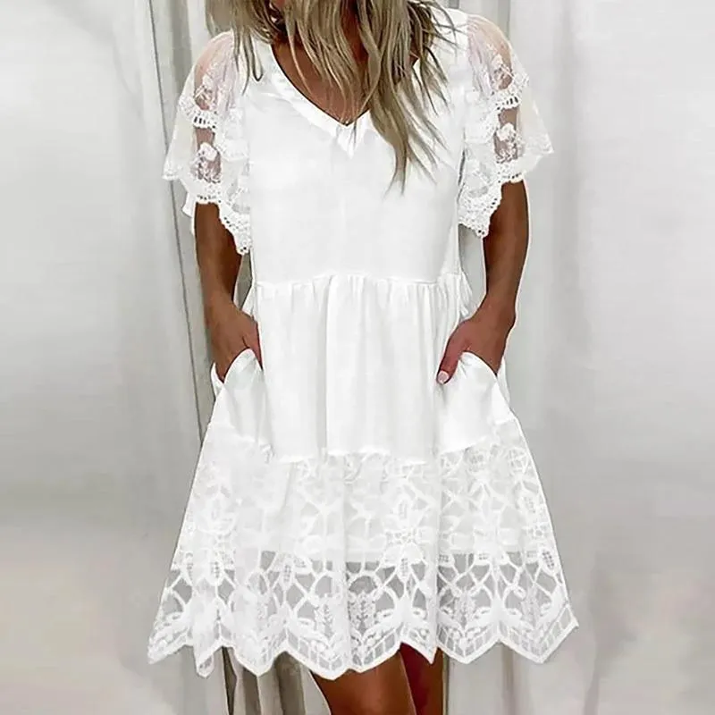 Casual Dresses Summer V Neck Lace Patchwork White Dress Ruffle Short Sleeve For Women Elegant Bohemian Loose Beach Robe