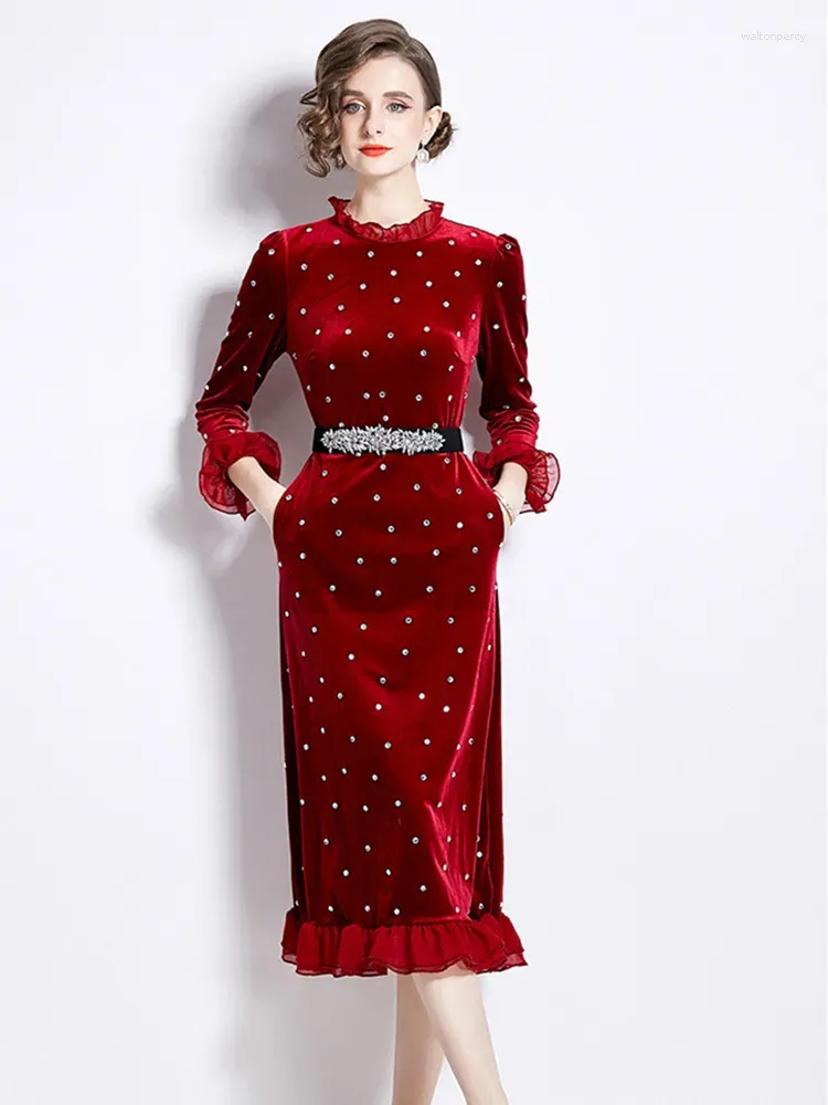 midi red dress with sleeves Mila Puff Sleeve Jacquard Floral Satin V-Neck Midi Dress - Burgundy |  Occasion Dress in Sizes XXS–6X