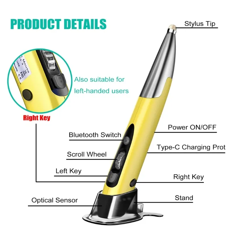 Ratos recarregam a mão direita e a mão esquerda 1600 dpi USB 2.4g + Bluetooth Dual Modo sem fio mouse com função de caneta de toque