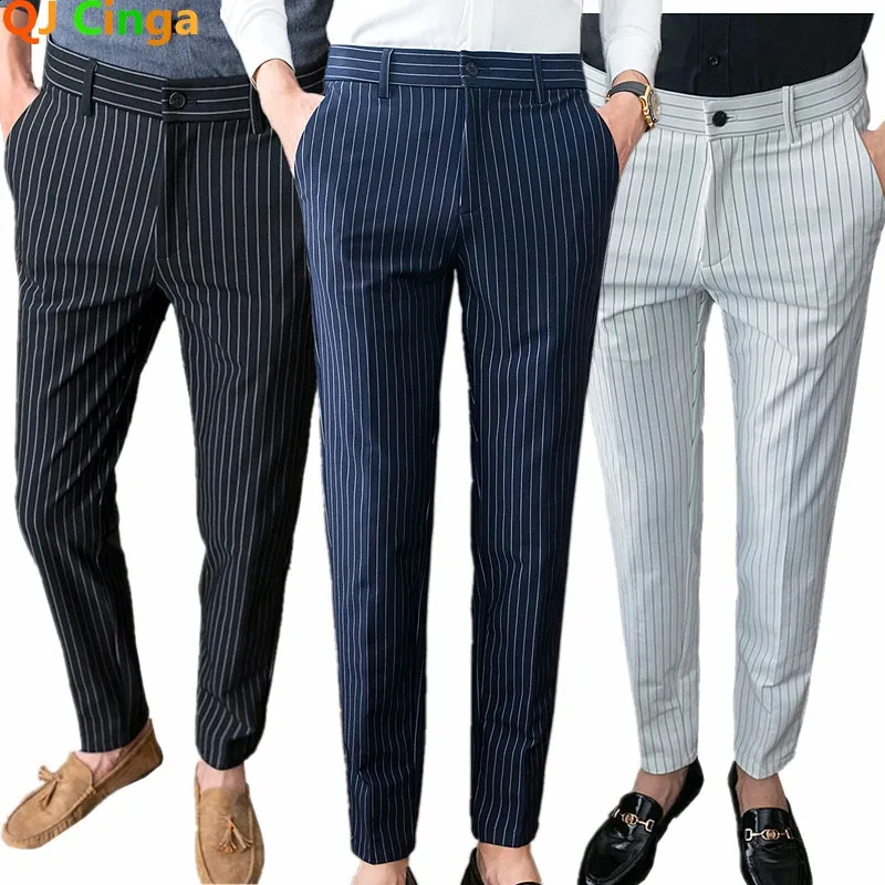 White Vertical Stripes Suit Pants Men Blue Black Trousers Fashion Slim Mens Pant Business Pantalones Hombre Autumn Slacks 240415