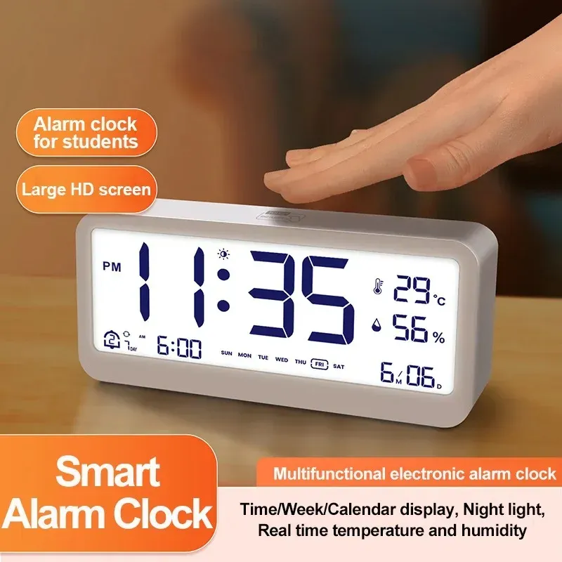 アクセサリLCDデジタル目覚まし時計ミュート電子時計温度湿度カレンダー週ディスプレイスマートナイトライトモードベッドルーム時計