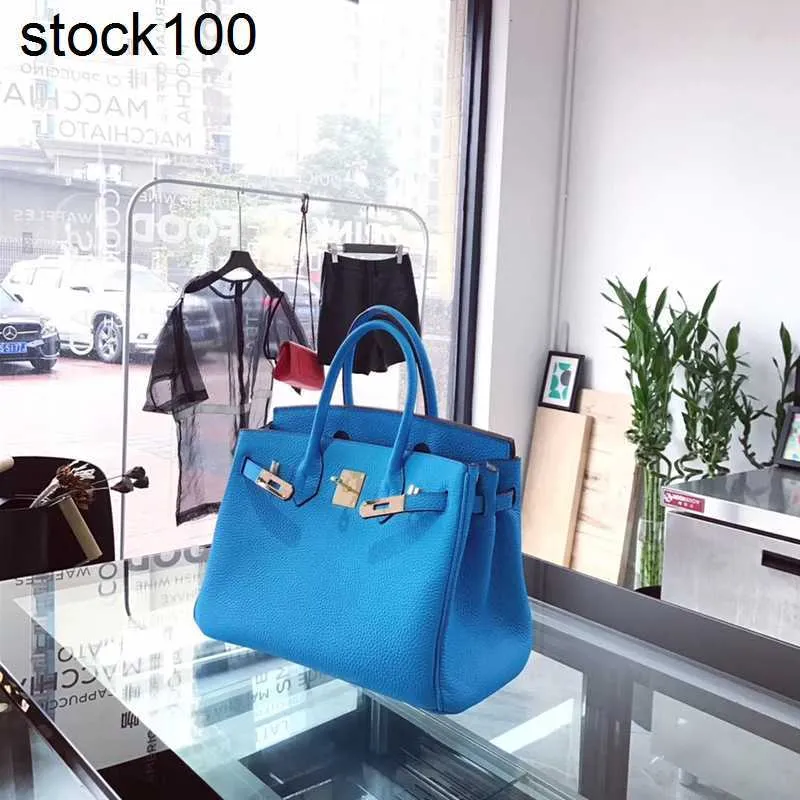 Platinum Handbag Sky Blue Lychee Grain Top Layer Cow Bag Women's Bright Simple Single Shoulder Messenger Handmade äkta läder