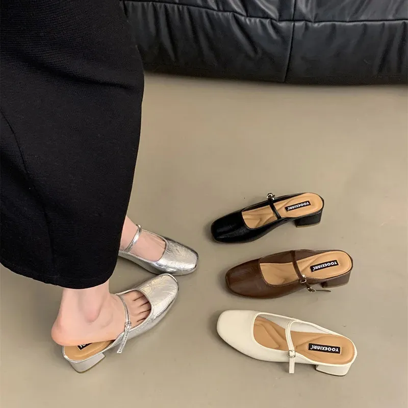 Summer Silvery Women Mules tofflor Fashion Elegant Slip On Singbacks Slides Shoes Ladies Comfort Square Toe Sandalias 240417