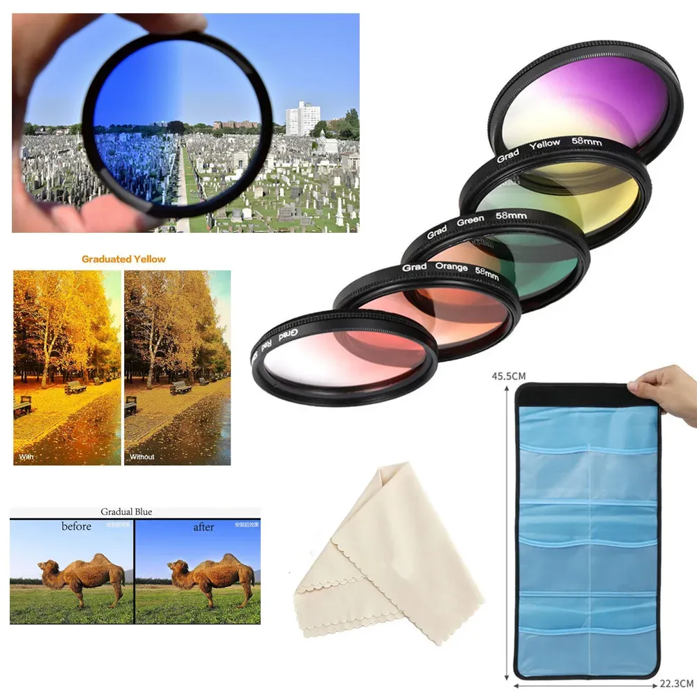 Filters 58mm Red Orange Yellow Purple Blue Green Graduated Color Filter Kit för Canon EOS 1300D 1500D 2000D 4000D 200D 250D 1855mm -objektiv