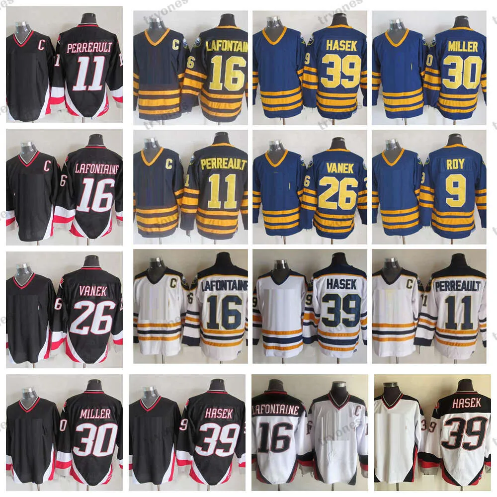 Maglie da hockey maschile vintage Kob 16 Pat Lafontaine 11 Gilbert Perreault 39 Dominic Hasek 1992 CCM CCM Cucite Jersey 26 Thomas Vanek 9 Derek Roy 30 Ryan Miller Black Shirts