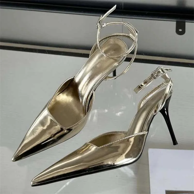 Sandaler Eilyeken Gold Silver Ankle Buckle Strap Women Pumps Sexig Point Toe Thin High Heels Slingback Dress Designer Mules Shoesl2404
