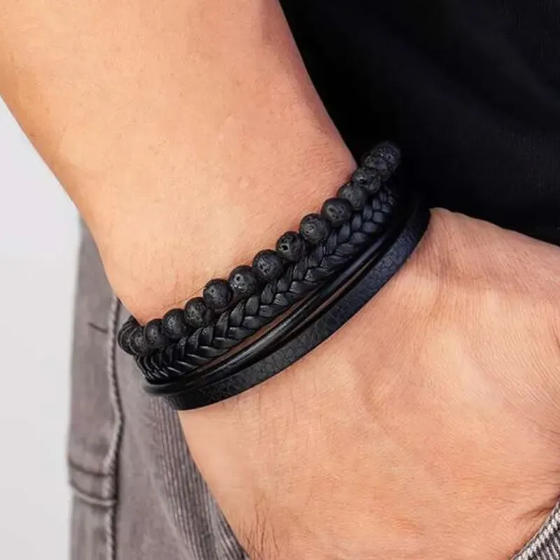 Strängar Fashion Volcanic Stone Beded Armband Mutilayer flätat läderarmband för män Rostfritt stål Magnet Bangle smycken gåva
