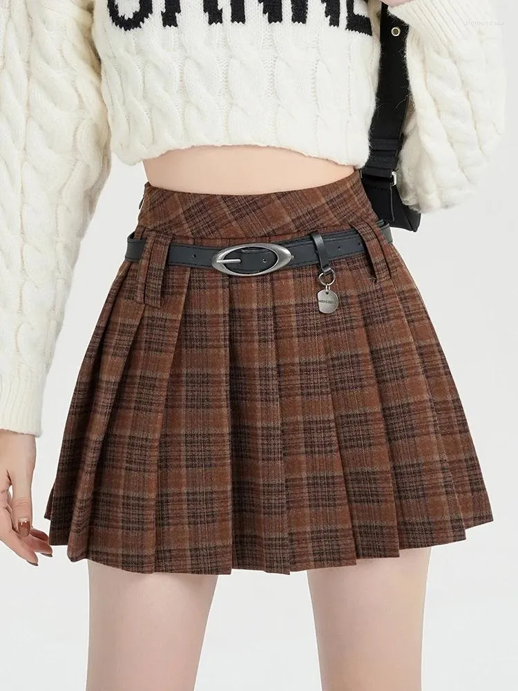 Skirts QOERLIN Woolen Plaid A-Line Pleated Female Vintage 2024 Fall Winter Preppy Style High Waist JK Short Skorts Women