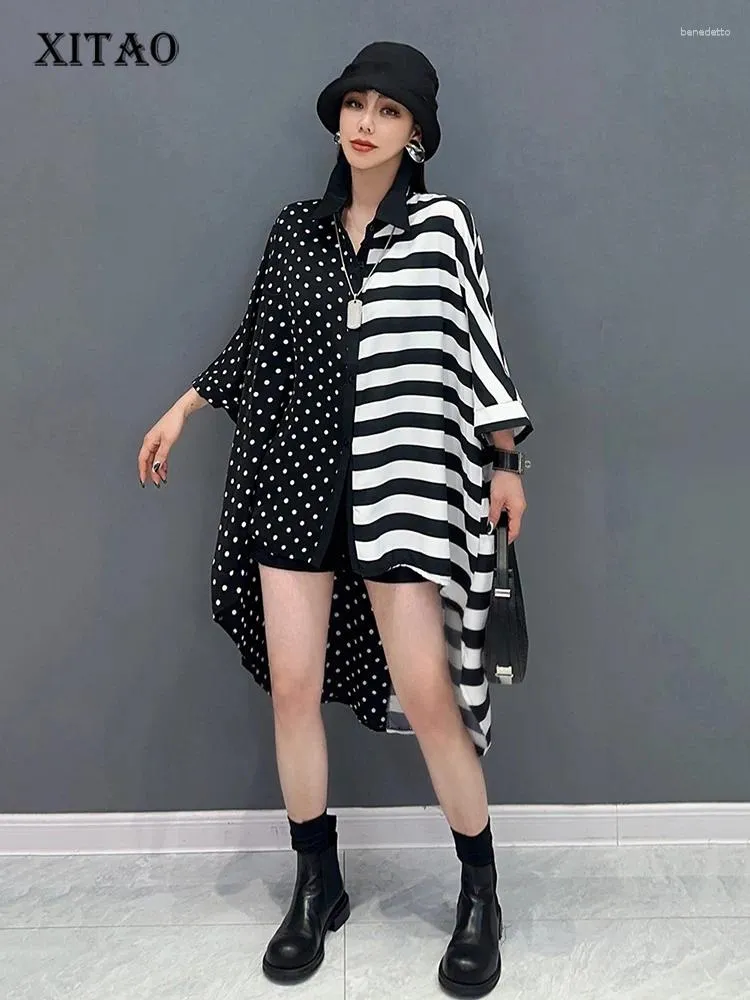 Women's Blouses Xitao Asymmetric Casual Shirt Turn Collar Short Sheeved Polka Dot Patchwork Stripes Loose Spring Women Top LYD1783