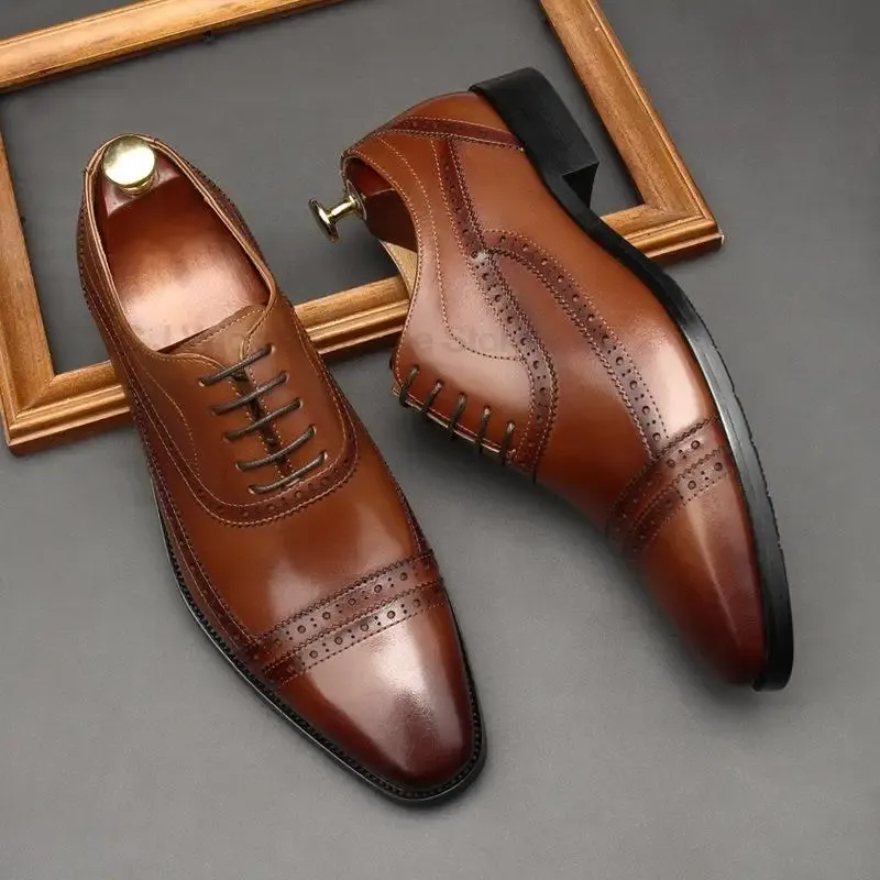 Chaussures formelles oxford de haute qualité Brun brun point pointu à lacet up up Business Wedding Gentine cuir chaussures pour hommes