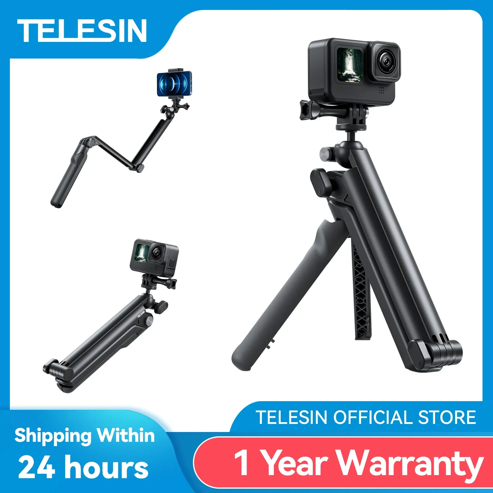 Sticks telesin 3 sätt selfie stick med stativ handgreppstång för GoPro Hero Insta360 DJI Action Smart Phone Action Camera Accessories