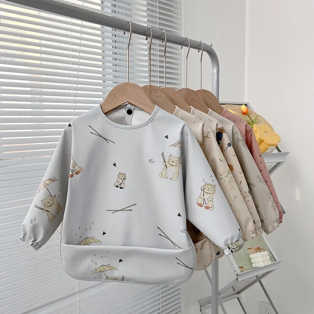 Sweaters Cute Baby Bibs Toddler Waterproof Long Sleeve Apron Cartoon Animals Children Feeding Smock Bib Baby Stuff 05y